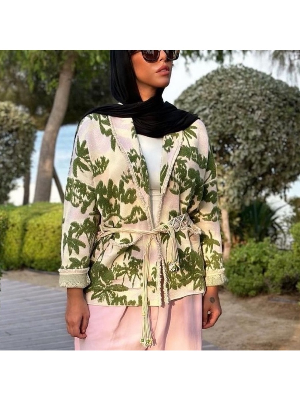 Maje Green and Cream Knit Belted Cardigan Jacket